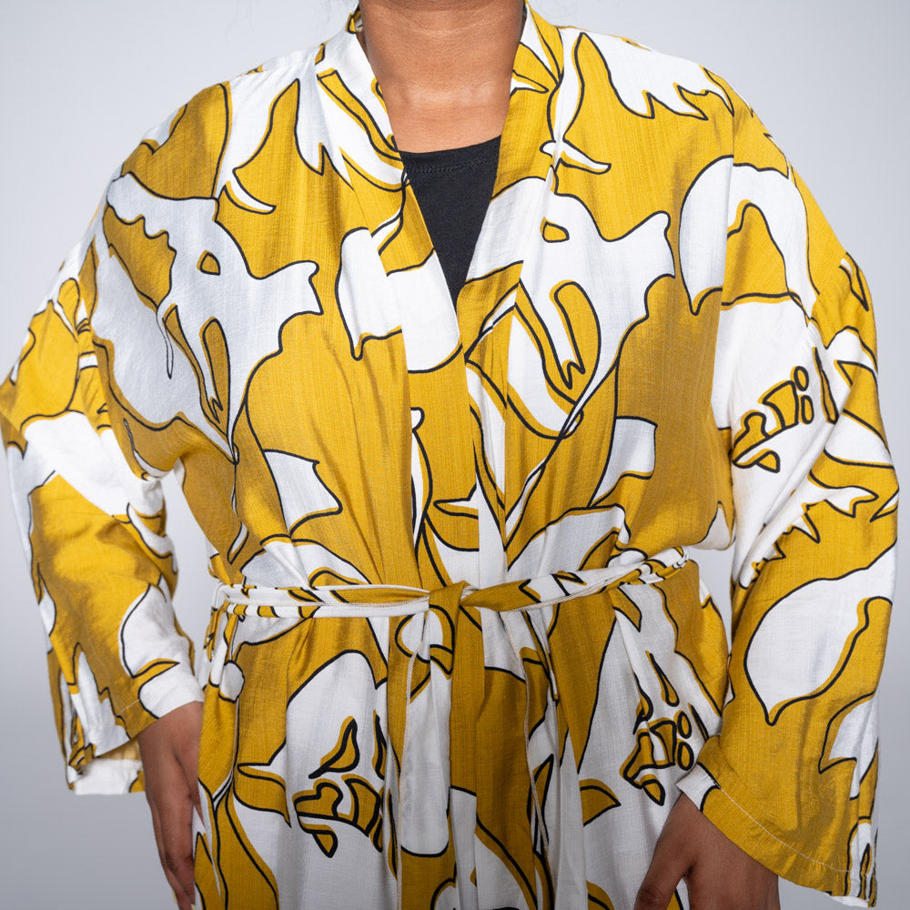 Mustard Tie-Belt Printed Kimono