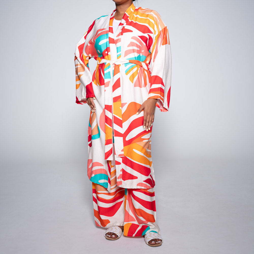 Terracotta Tie-Belt Printed Kimono