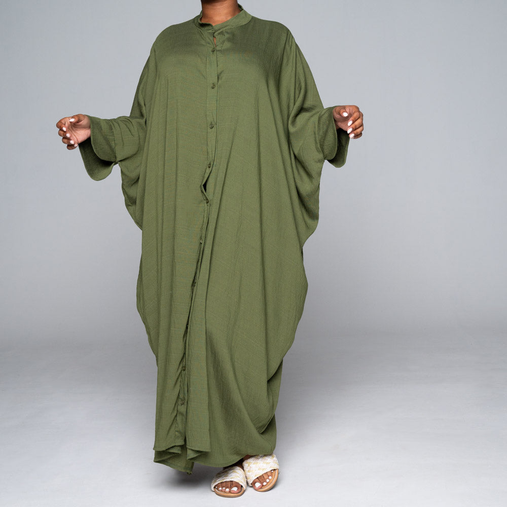 Olive Rayon Nylon Button Down Kaftan