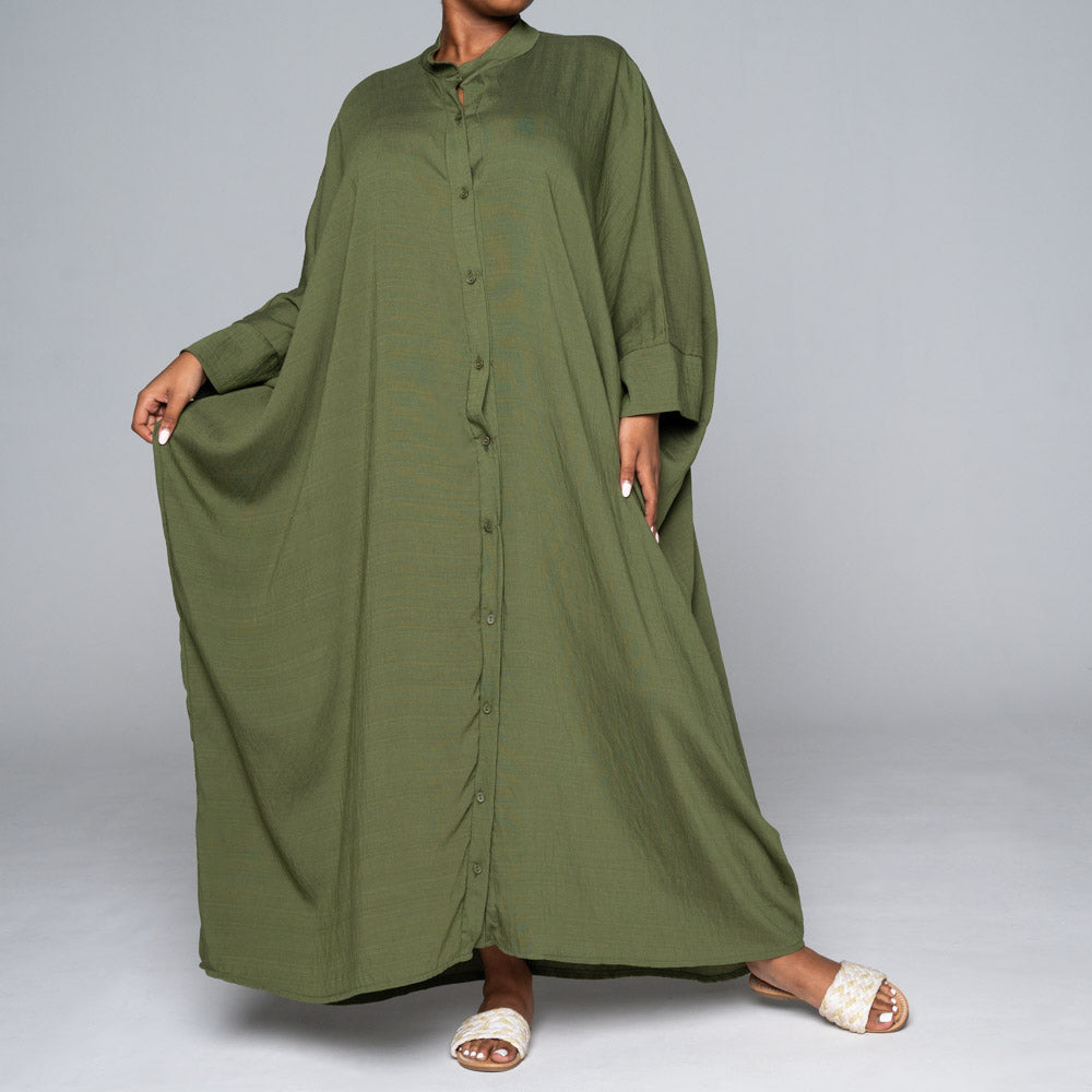 Olive Rayon Nylon Button Down Kaftan