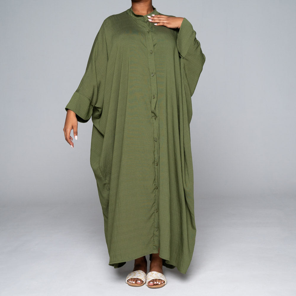 Olive Rayon Nylon Button Down Kaftan