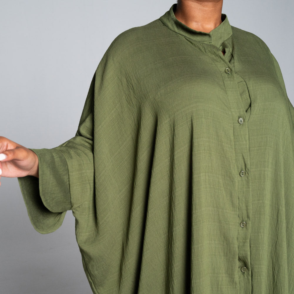 Olive Rayon Nylon Button Down Kaftan