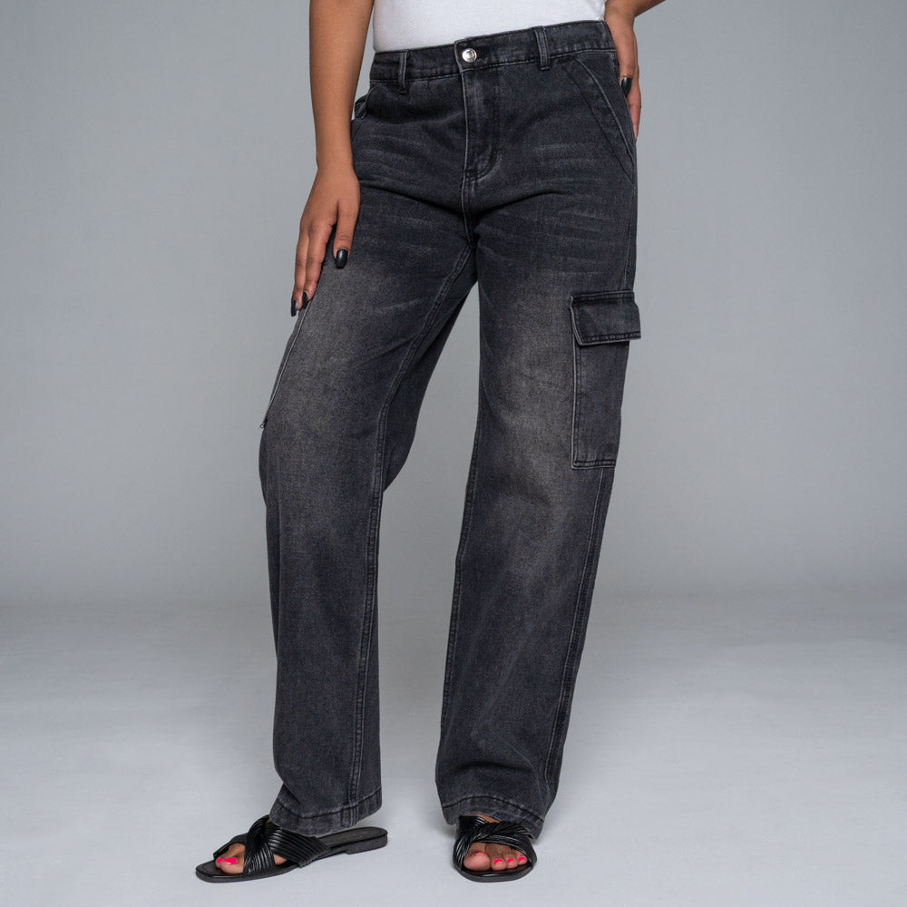 Non-Stretch Black Cargo Pocket Jeans