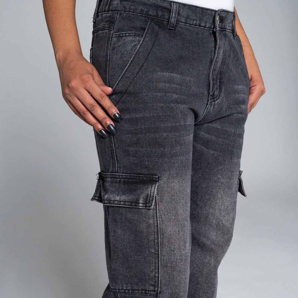 Non-Stretch Black Cargo Pocket Jeans